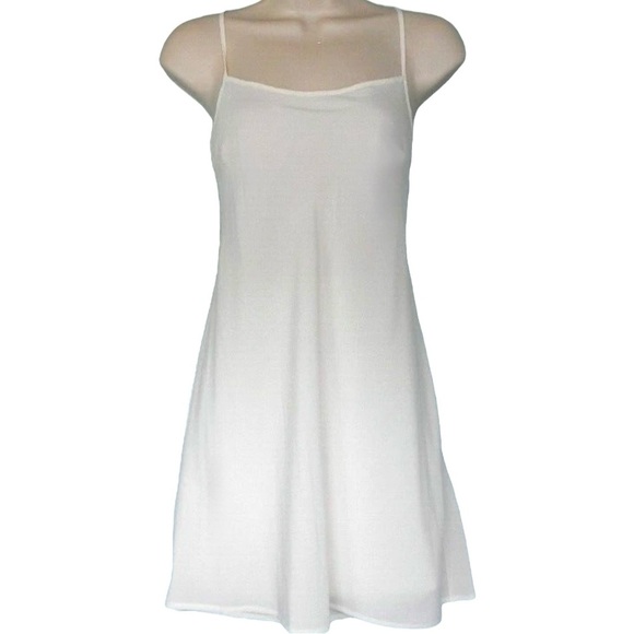 Off White Crochet Inserts Cap Sleeve Round Neck Shift Dress Camisole Slip - Picture 3 of 9